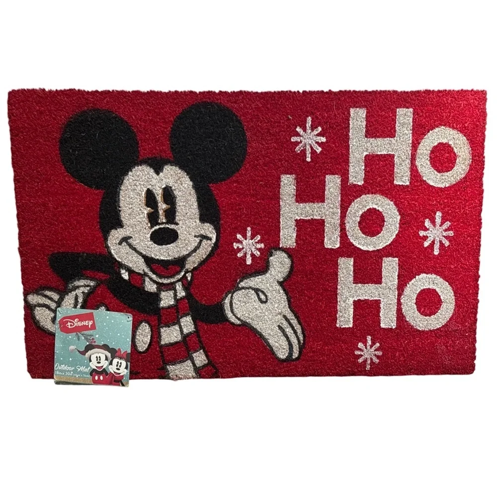 Disney Mickey Mouse Christmas Holidays Snow Flakes Red Coir Outdoor Mat 18”X30”